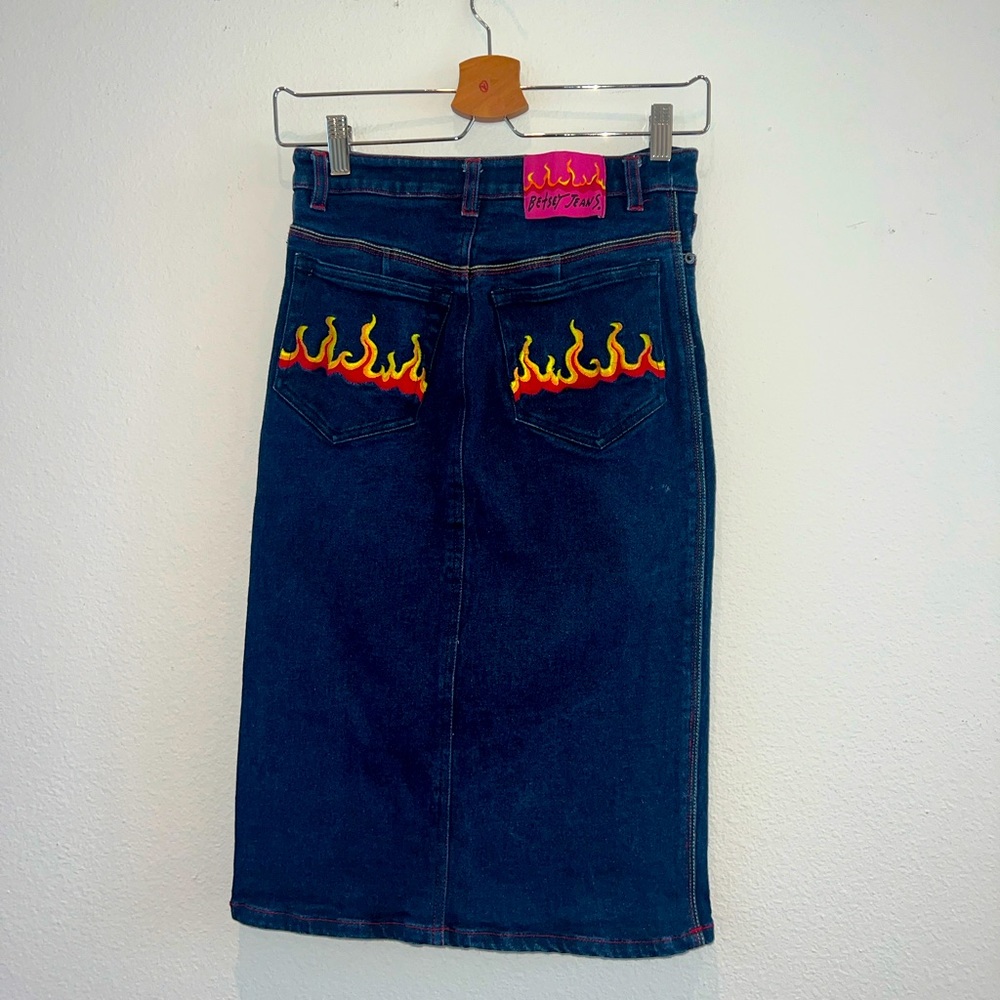 BETSEY JOHNSON Dark Blue Flaming Pocket Jean Skirt